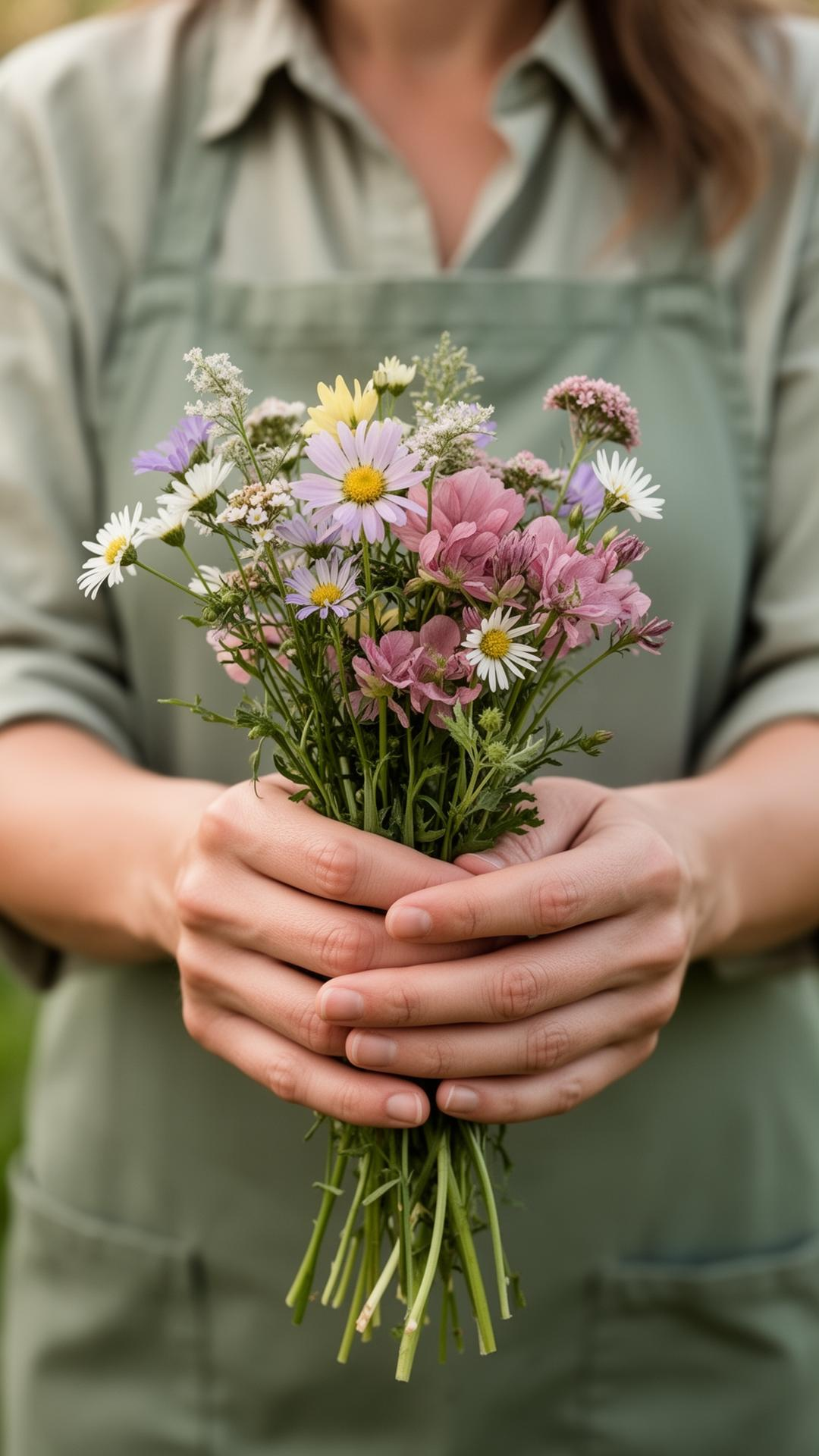 Hands holding a small wildflower bouquet
