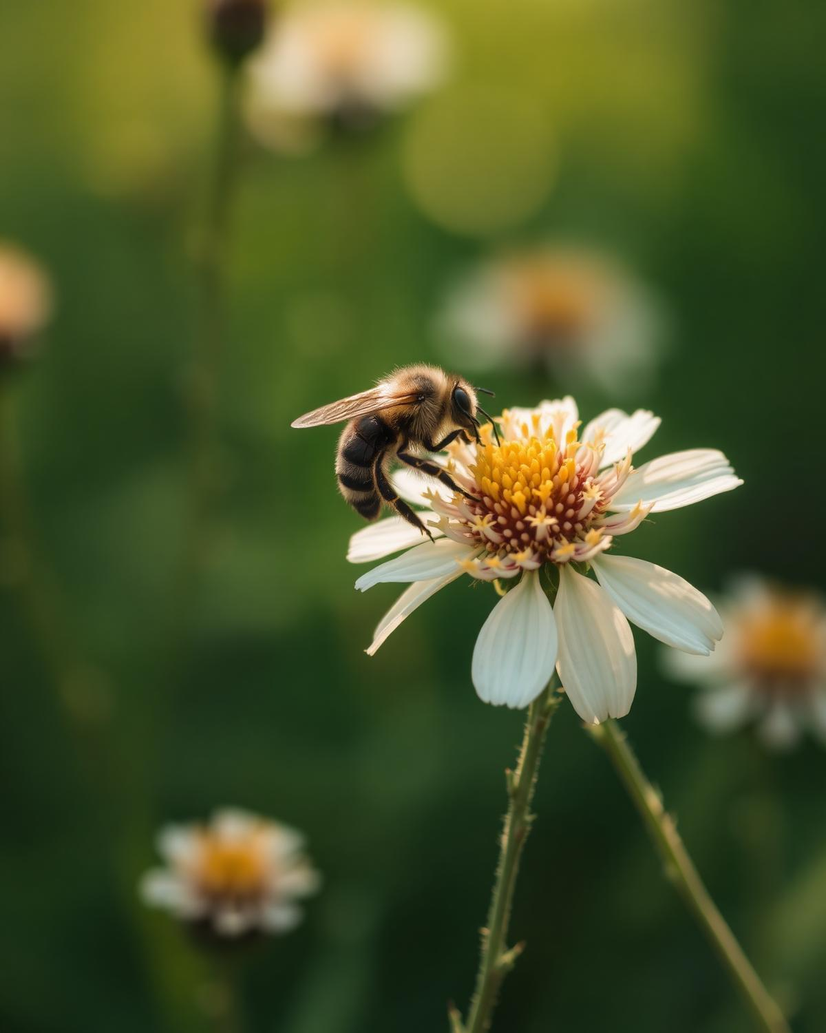 A honeybee gathering pollen from a white daisy