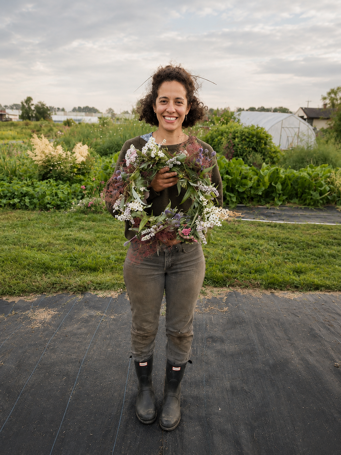 Imene in the garden, holding a wreath of garden flowers