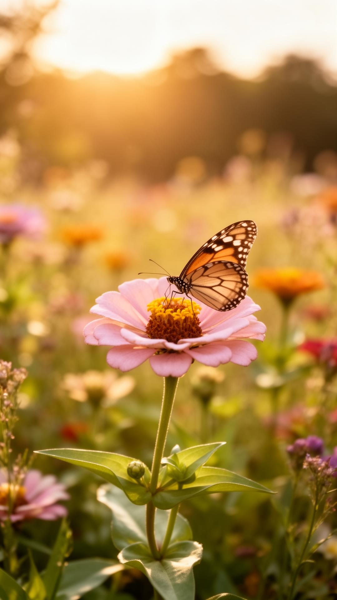 A butterfly resting on a soft zinnia