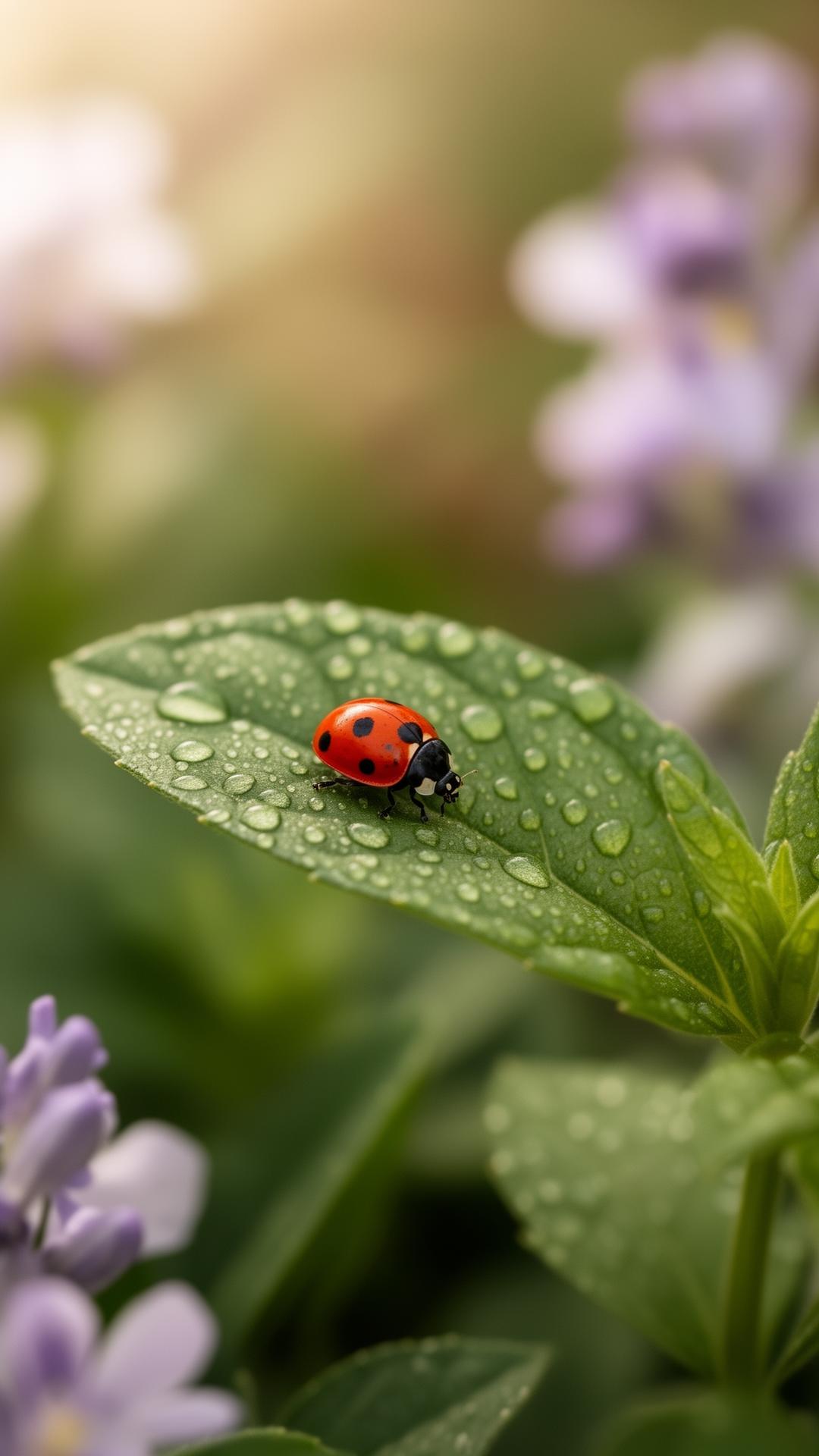 A ladybug on a dewy leaf